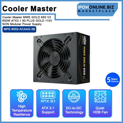 Cooler Master MWE GOLD 650 V3 650W ATX3.1 80 PLUS GOLD 115V NON Modular Power Supply